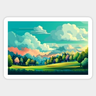 Abstract landscape with hills and trees and cloudy sky. Sticker